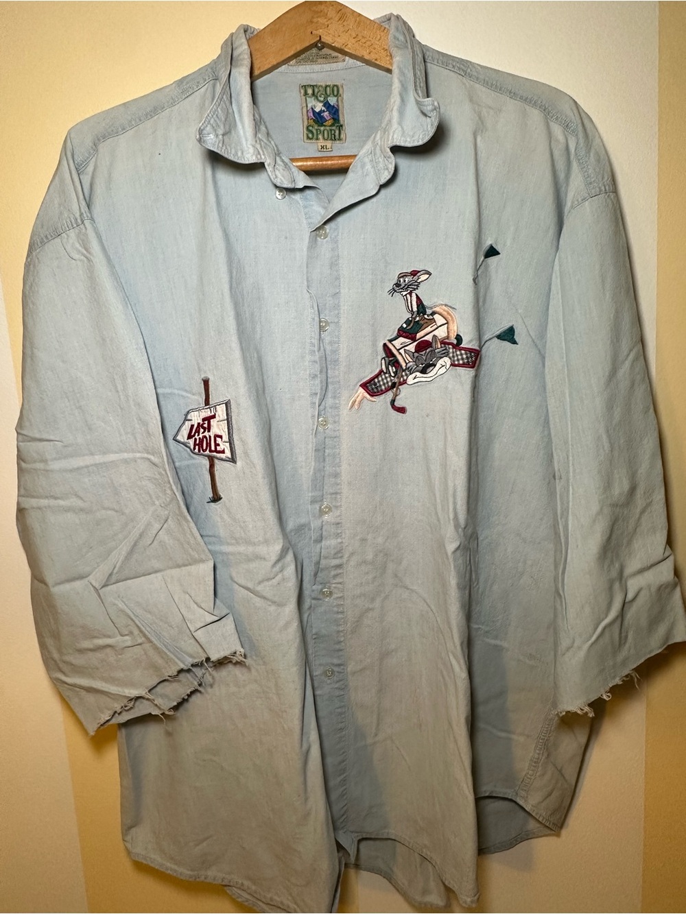 Vintage 90s Thrashed Embroidered Golf Denim Shirt XL